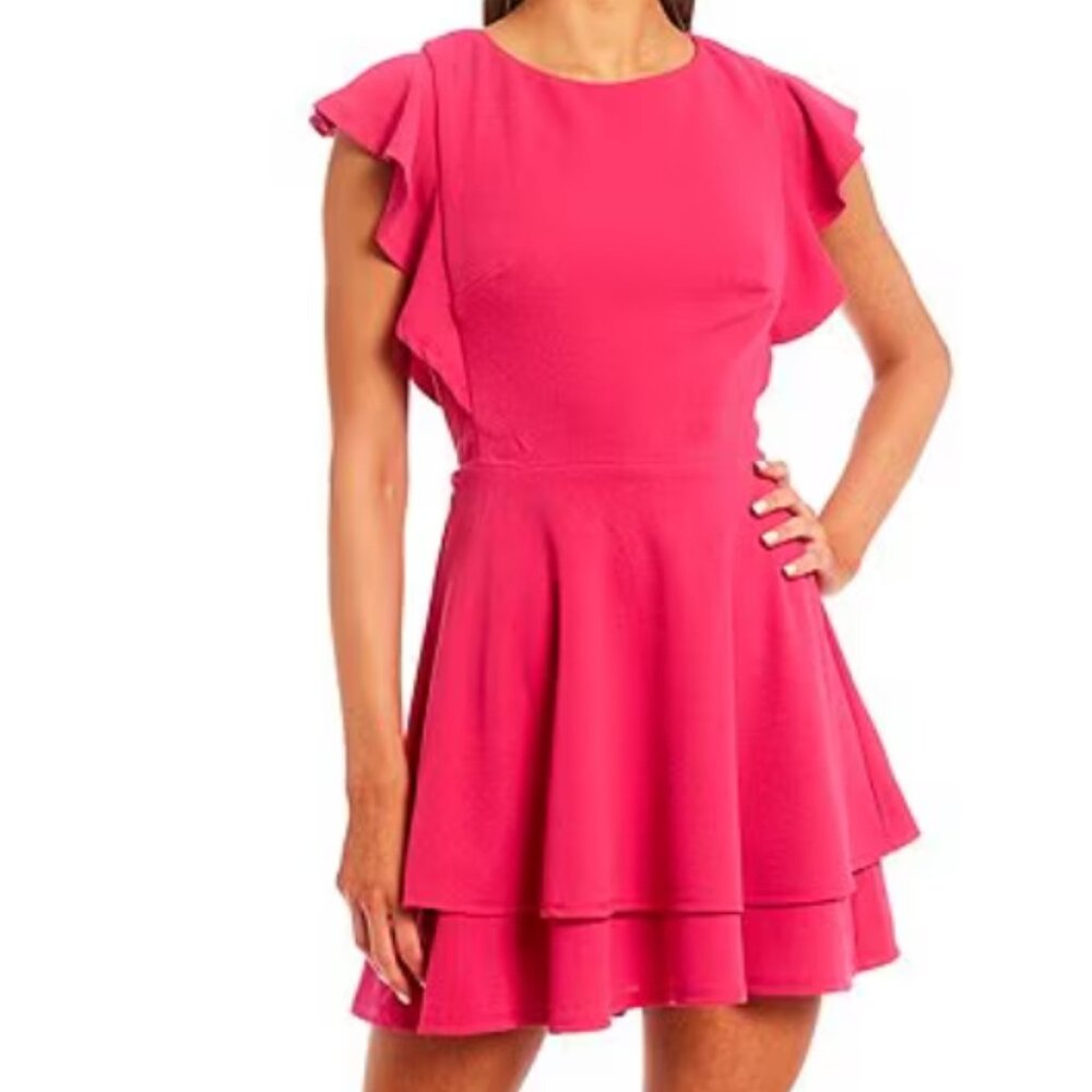Midnight Doll - Pink Flutter Sleeve Double-Hem Fit & Flare Dress
